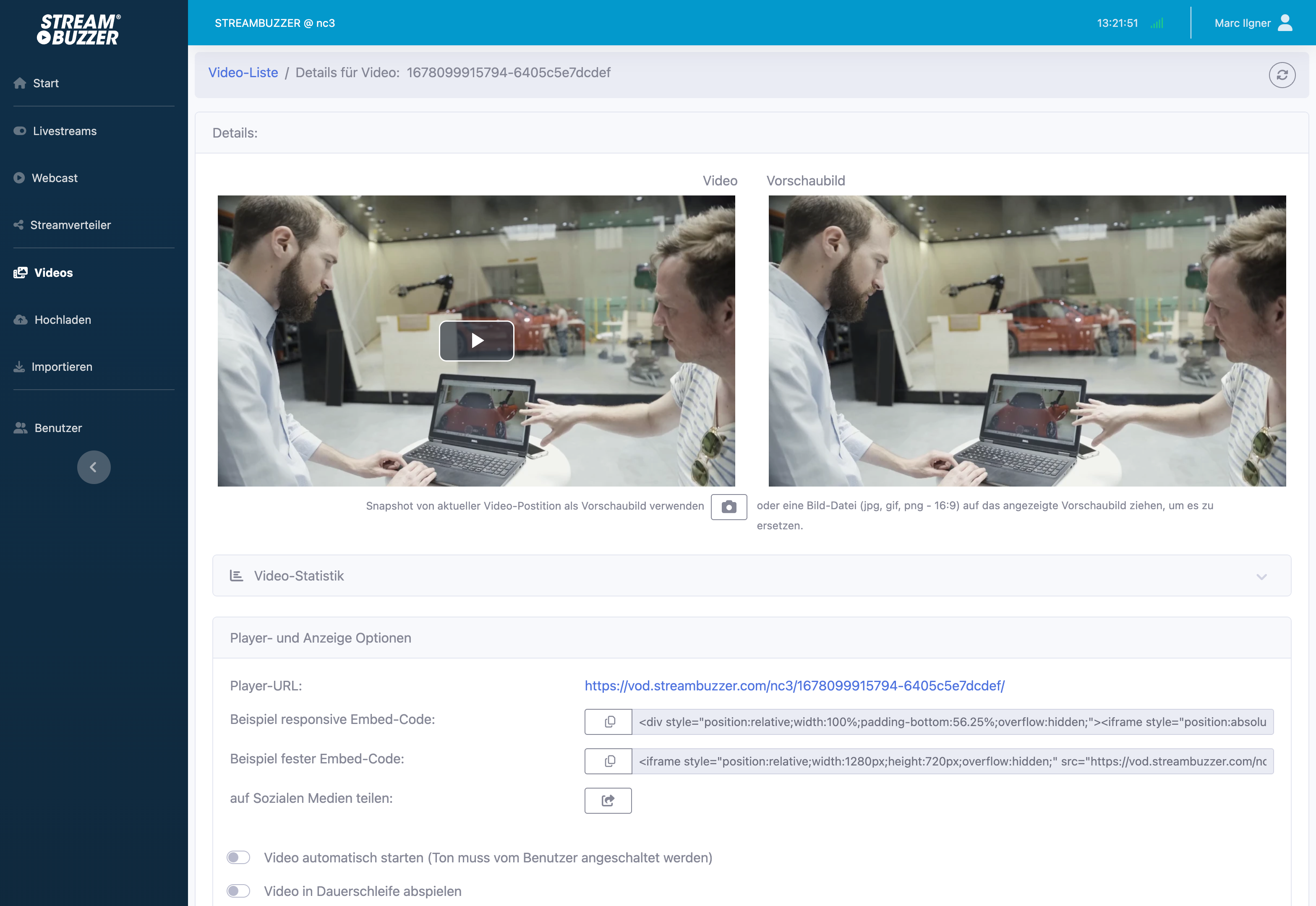 Streambuzzer Dashboard Video-Detailansicht Streambuzzer Dashboard – Video-Detailansicht mit Statistiken und Einstellungen