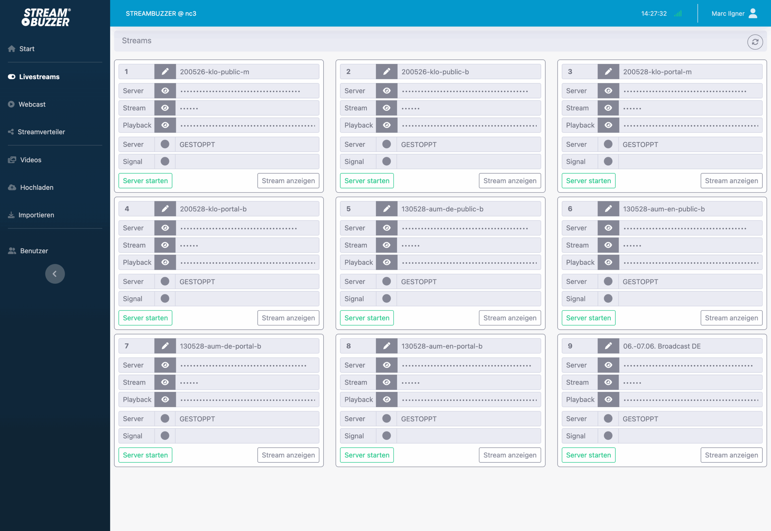 Streambuzzer Livestream-Dashboard – Multi-Stream-Verwaltung mit 9 Kanälen Streambuzzer Livestream-Dashboard zeigt 9 parallel konfigurierte Streaming-Kanäle mit Server-, Stream- und Playback-URLs sowie Statusanzeigen