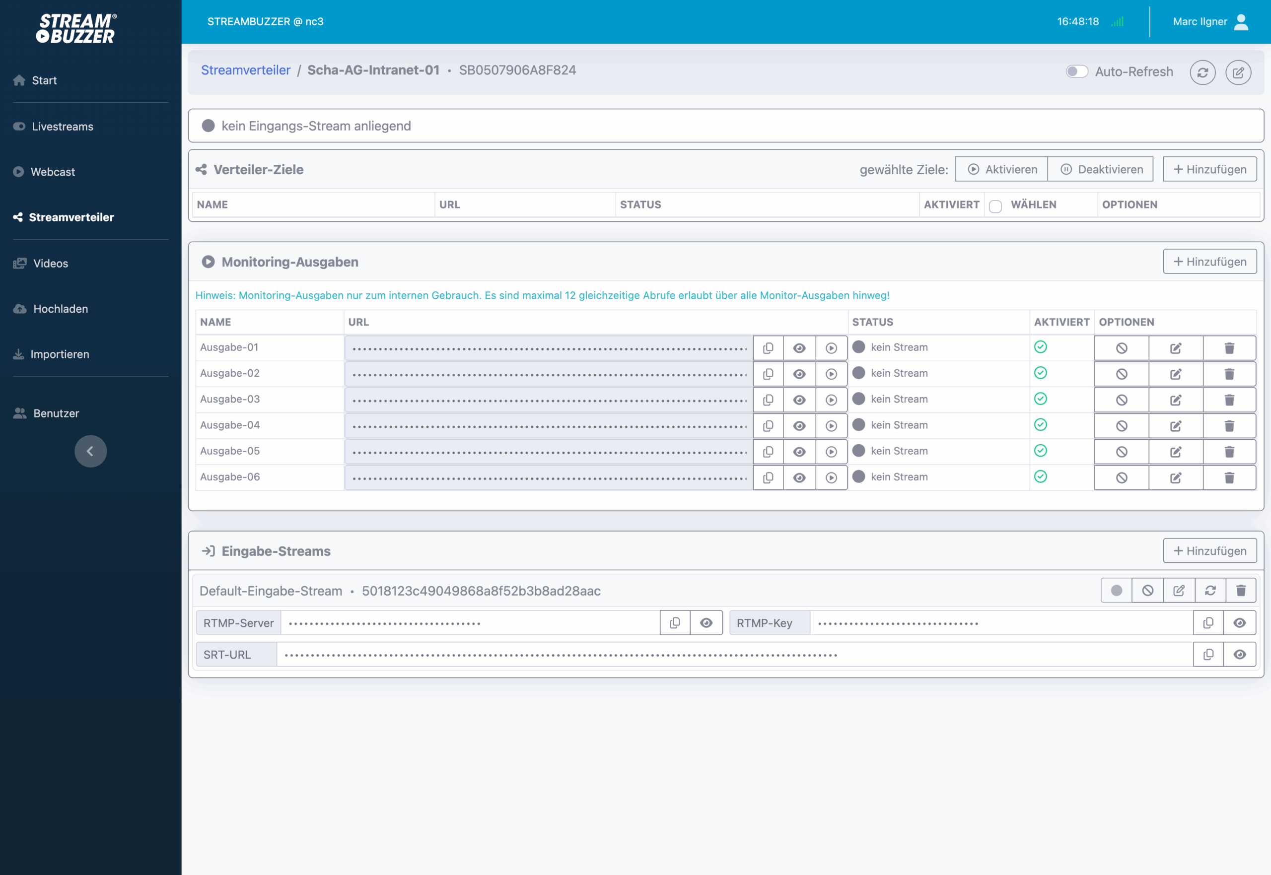 Streambuzzer Streamverteiler Dashboard – Livestream-Verteilung mit Monitoring und Zielkonfiguration Streambuzzer Streamverteiler Dashboard: Verteiler-Ziele, Monitoring-Ausgaben, Eingabe-Streams mit RTMP und SRT-Konfiguration